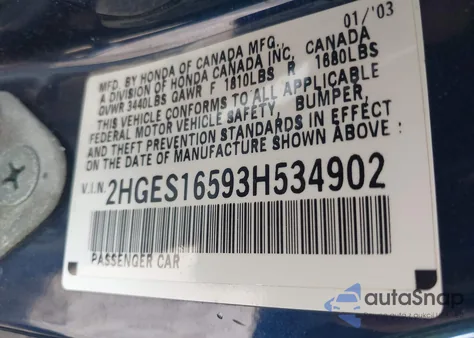2003 Honda Civic Lx from USA, damaged, VIN 2HGES16593H534902